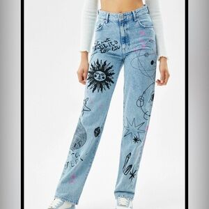 Bershka Light Blue Artistic Straight Leg Jenas